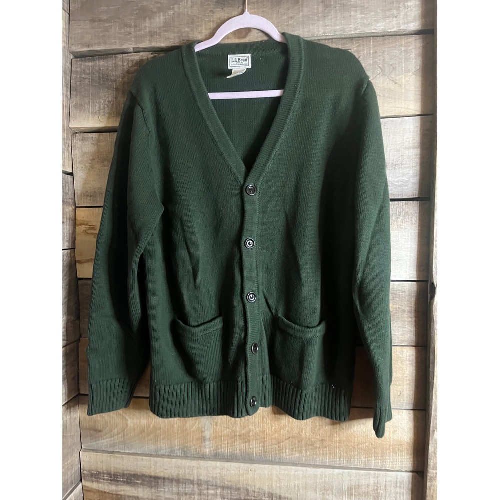 LL Bean Mens Green Cotton V-Neck Button Front Cardigan Sweater M Regular 258293